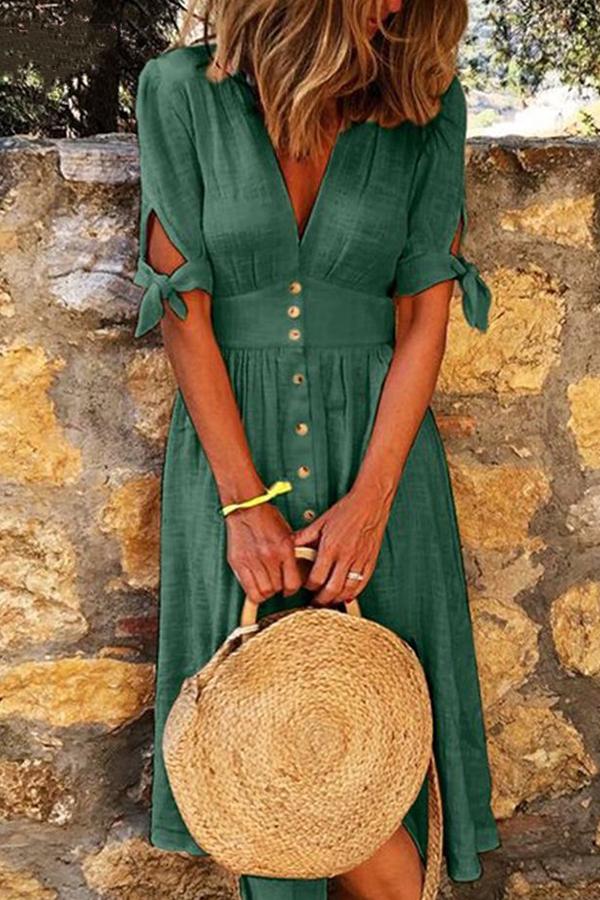 Casual V-Neck Half-Sleeve Solid Color Mini Dress