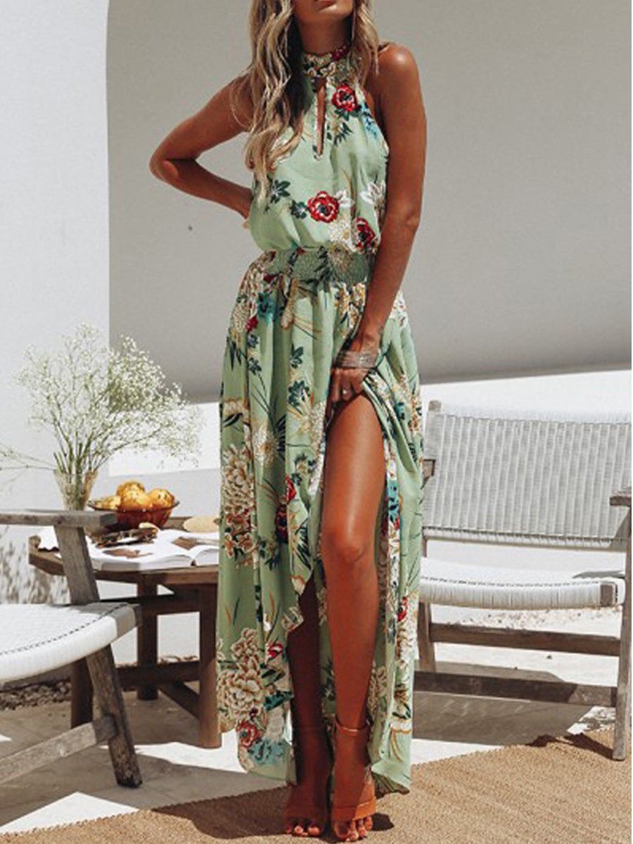 Half-high Neck Cutout Asymmetrical Print Dress