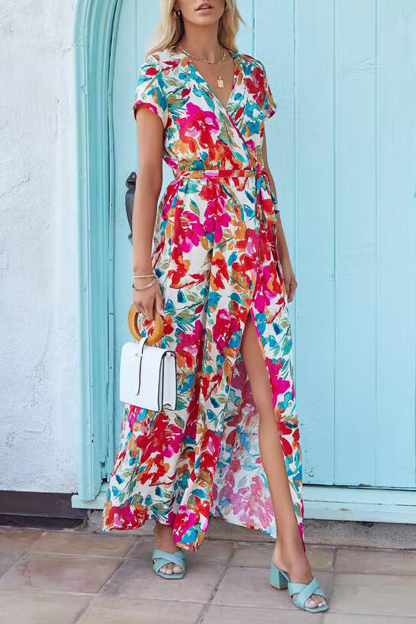 Printed Irregular Slit Short Sleeve Maxi Dress