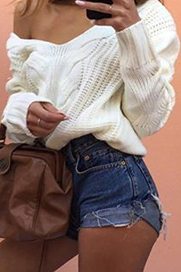 Long Sleeve Hollow Out Knit V-Neck Sweater