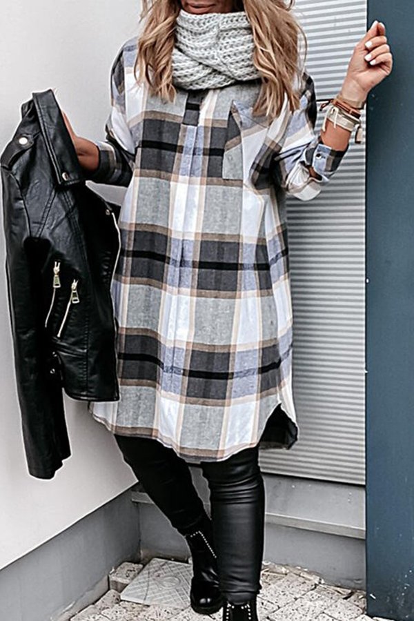 Plaid Pocket Long Sleeve Casual Shirt Dress