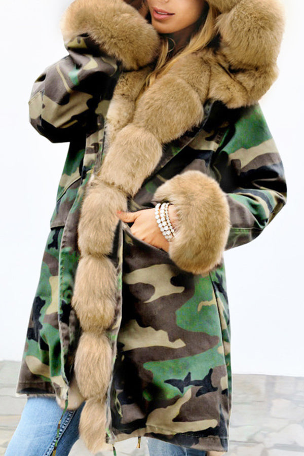 Fashion Casual Fur Collar Camouflage Hooded Coat