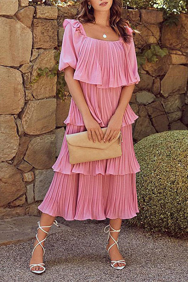 Square Collar Short Sleeve Ruched Ruffle Layered Dress