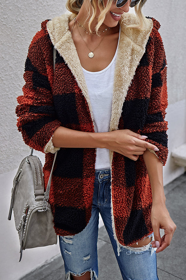 Checked Double-sided Plush Cardigan