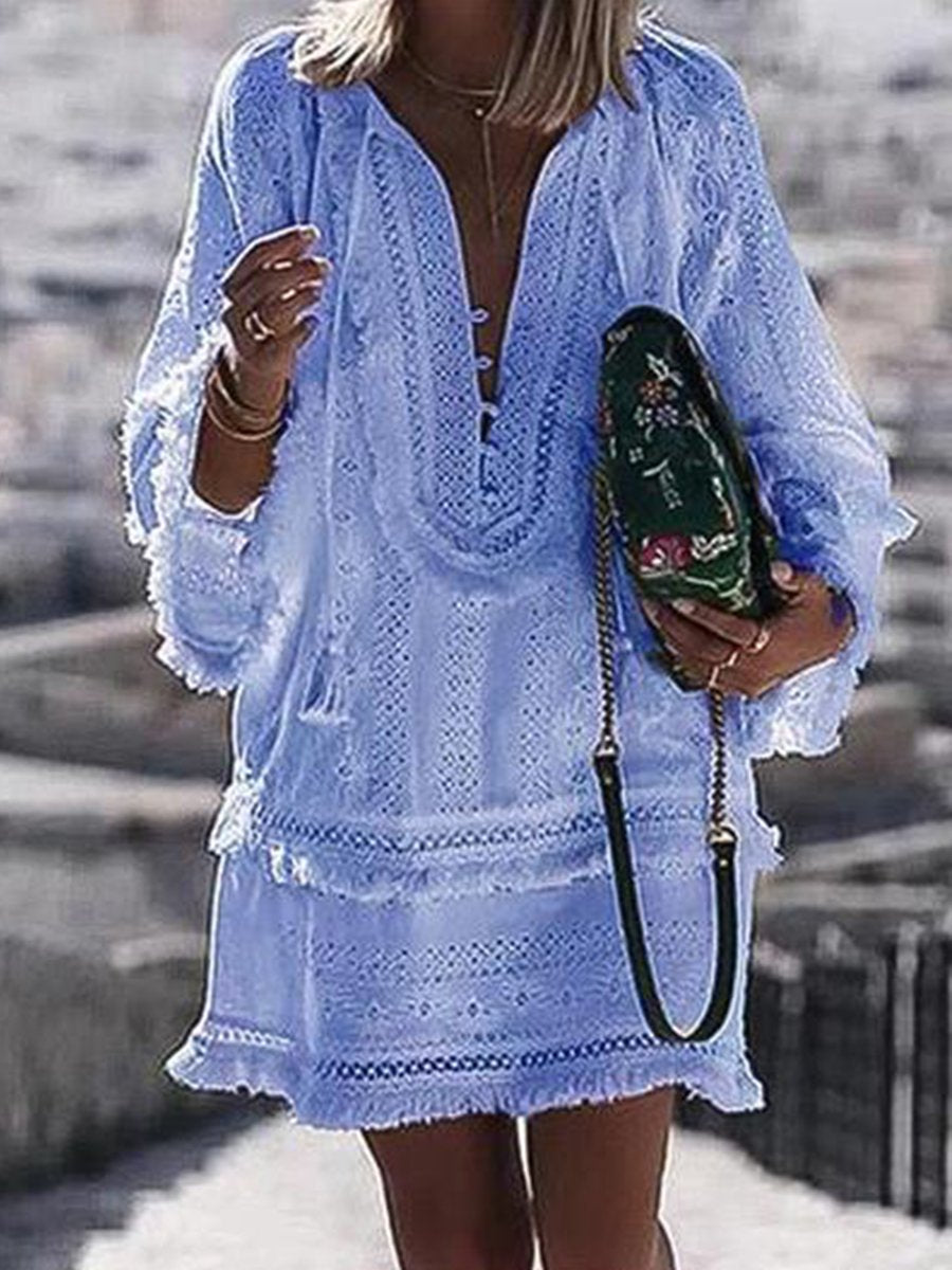 V-neck Solid Tassel Long Sleeve Lace Vacation Dress