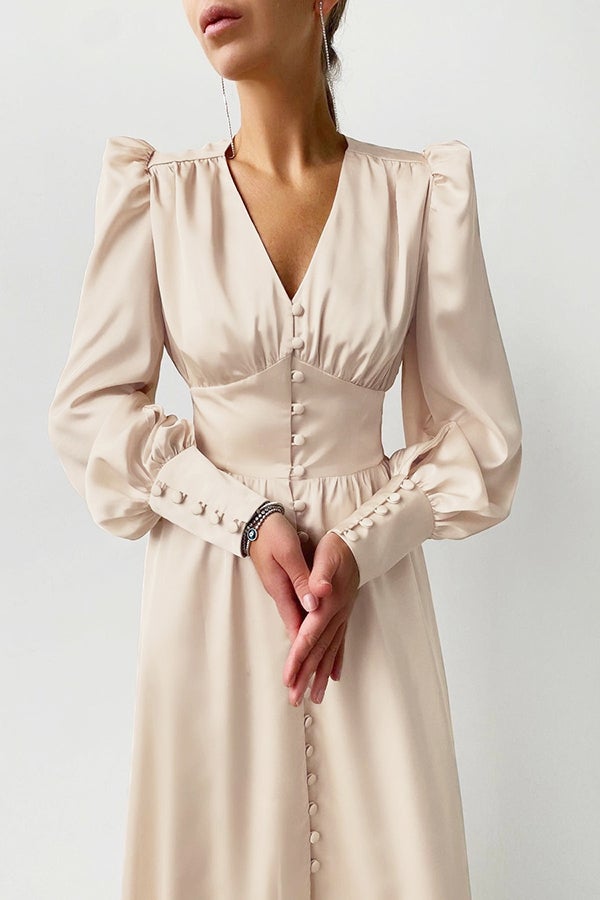 V-neck Lantern Sleeve Waist Slim Vintage Dress