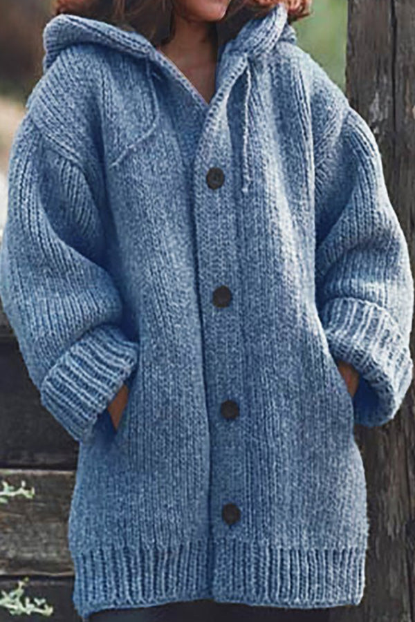 Button Down Hooded Knitted Cardigan Plus Size Outerwear For Women