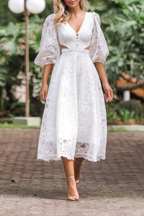 Solid Color Mid-sleeve Elegant Lace Midi Dress