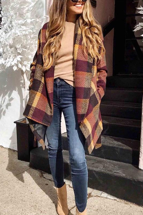 Asymmetric Plaid Wrap Coat