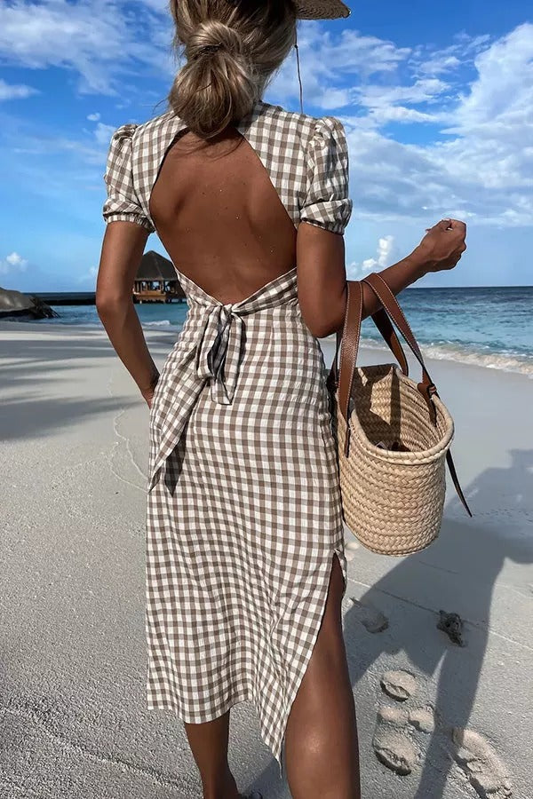 Wonder about Me Gingham Backless Midi Dress
