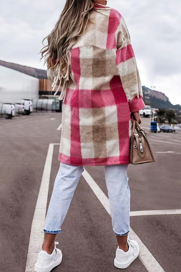On-trend Mid-length Plaid Lapel Button Down Coat