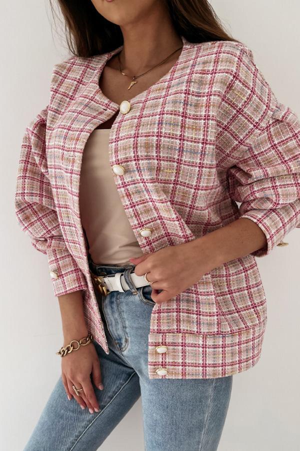 Round Neck Plaid Wool Short Coat
