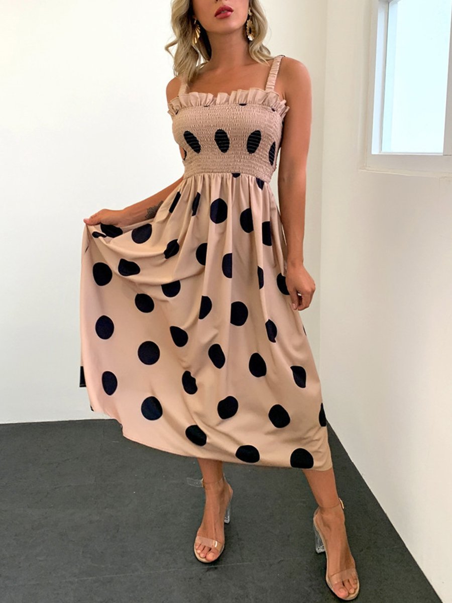 Straps Polka Dot Smocked Calf-length Dress