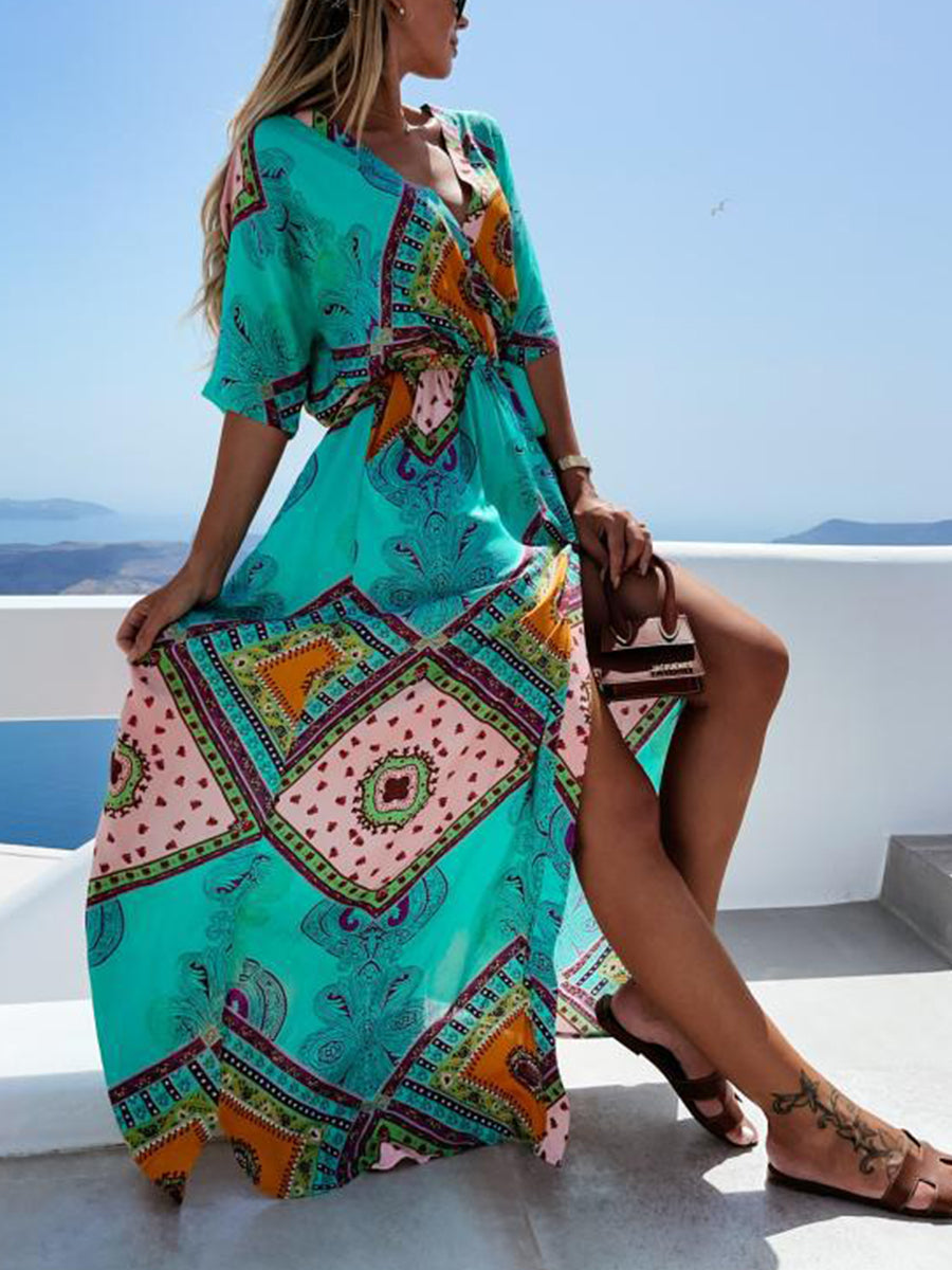 Bohemian Print V-neck Maxi Dress