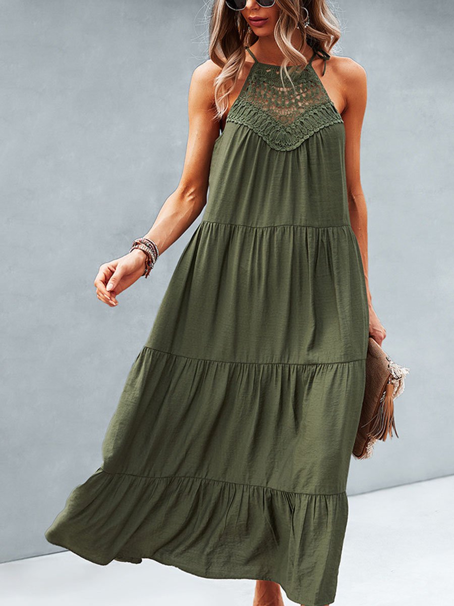 Halter Neck Hollow-out Lace Stiching Midi Dress