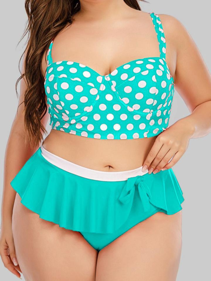 Dot Print Flounce Bow-tie Decoration Red Tankini