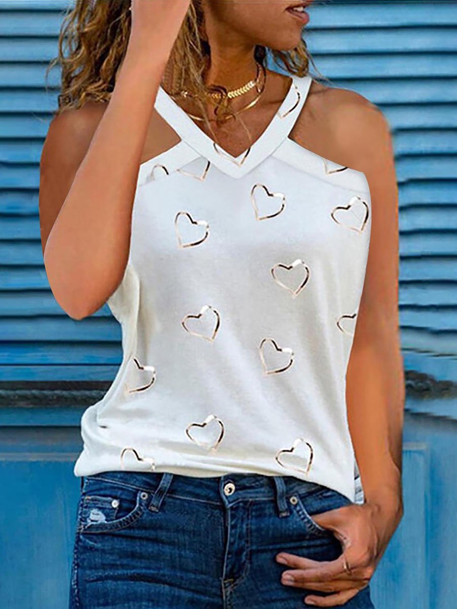 Love Printed V-neck Sleeveless Loose T-shirt