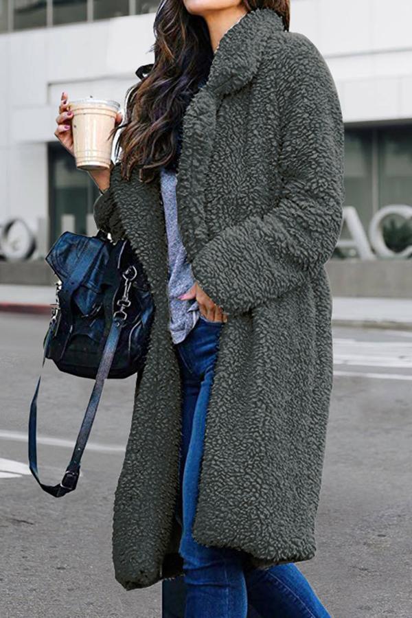 Fluffy Long Sleeve Solid Color Outerwear