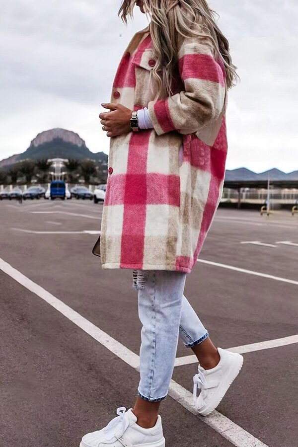 On-trend Mid-length Plaid Lapel Button Down Coat