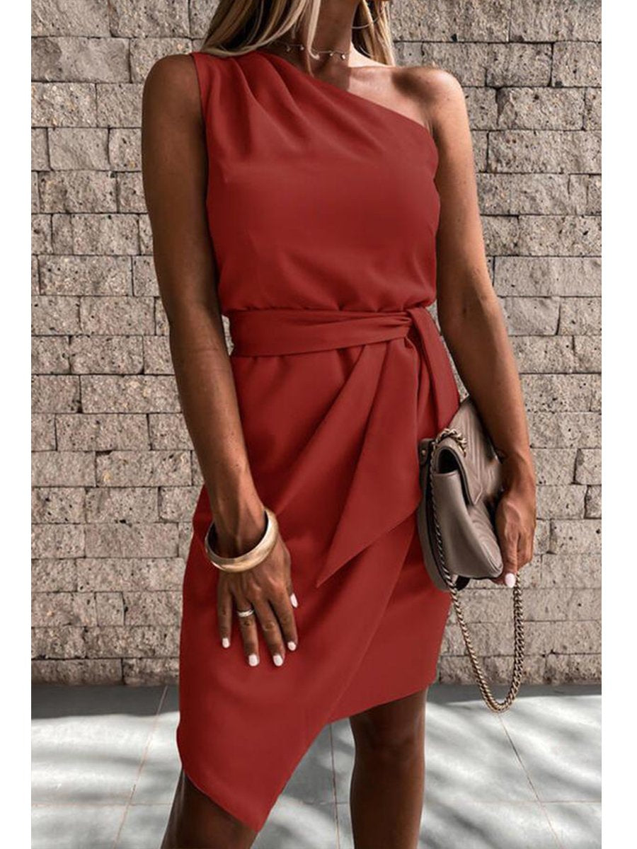 Solid Color One Shoulder Studs Party Dress
