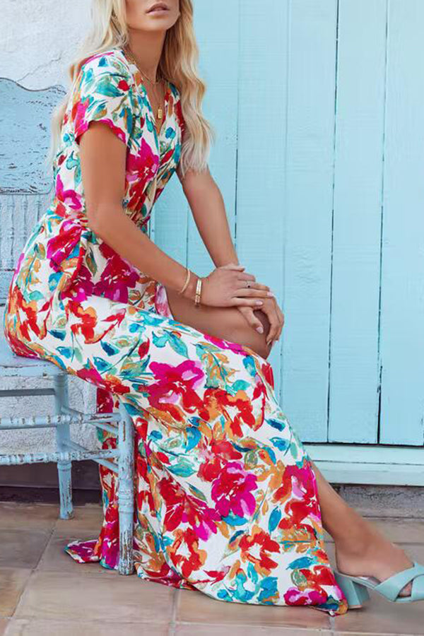 Printed Irregular Slit Short Sleeve Maxi Dress