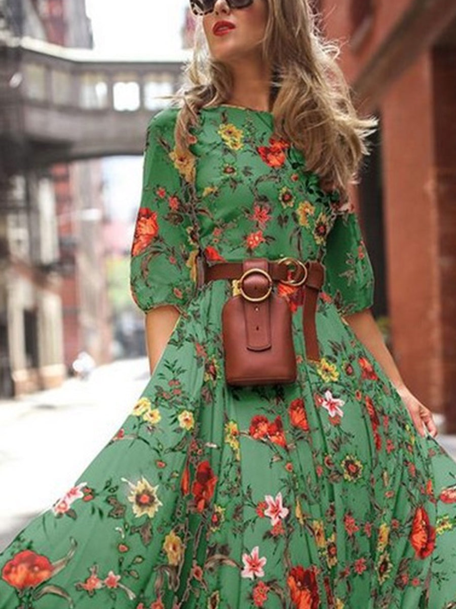 Flower Print Mid-length Sleeve Dress