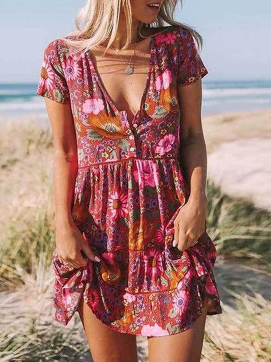 V-neck Short Sleeve Boho Print Mini Dress