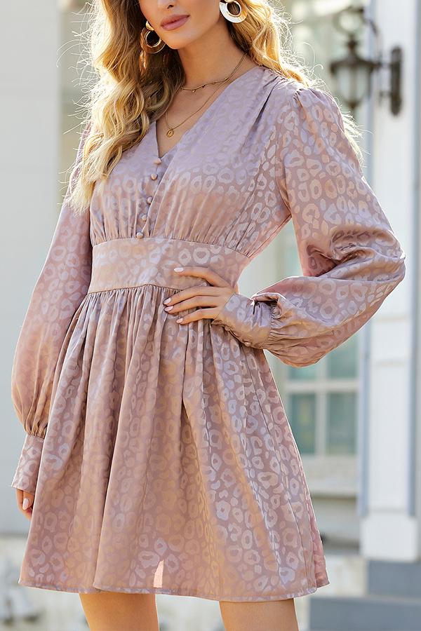V-neck Lantern Sleeves Waist Mid-length Skirt Purple Leopard Print Gentle Wind Temperament Skirt