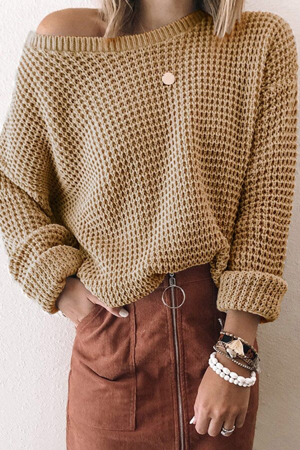 Solid Oblique Collar Eyelet Knit Sweater