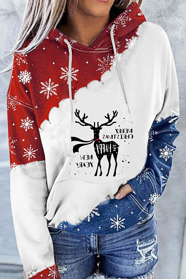 Christmas Elk Print Crew Neck Hoodie