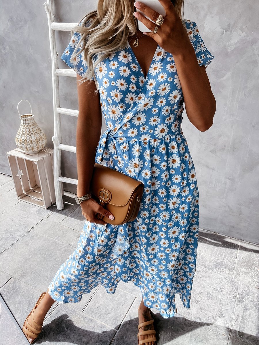 Daisy Print V-neck Short Sleeve Wrap Maxi Dress