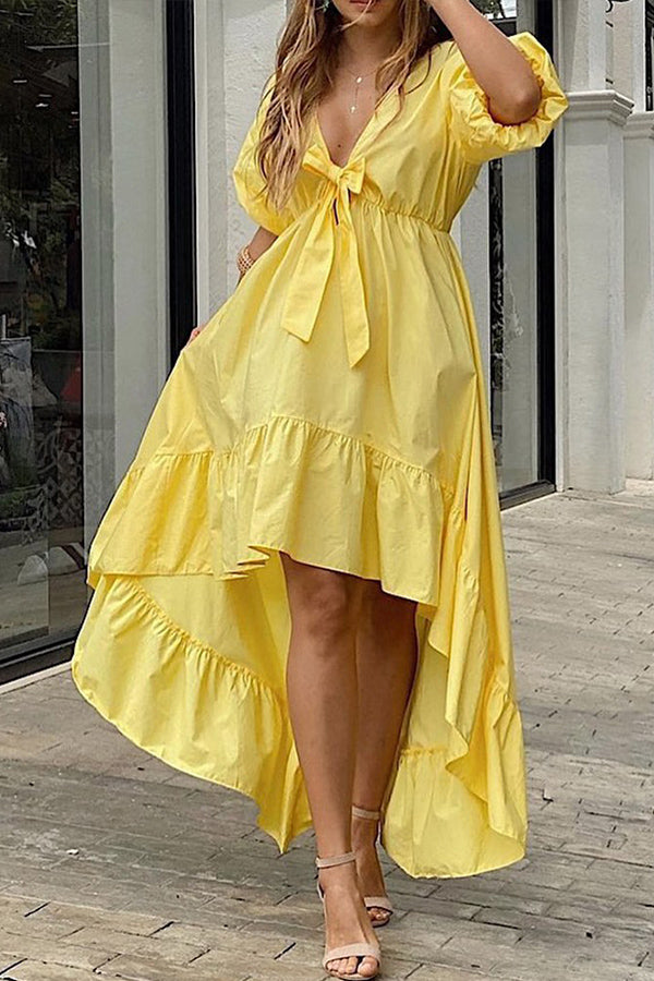 Casual V-neck Bow Cake Dress