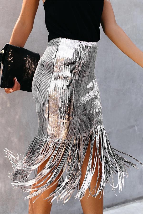Sequined High Waist Fringed Skirt