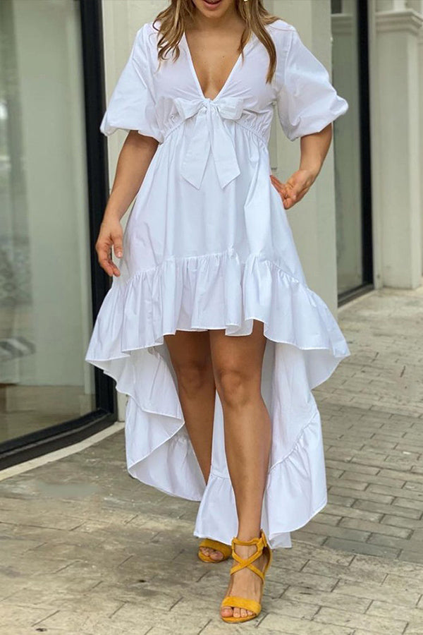 Casual V-neck Bow Cake Dress