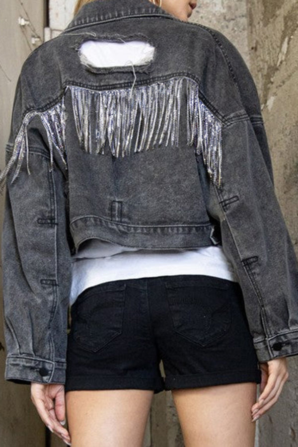 Ripped Rhinestone Fringed Denim Jacket