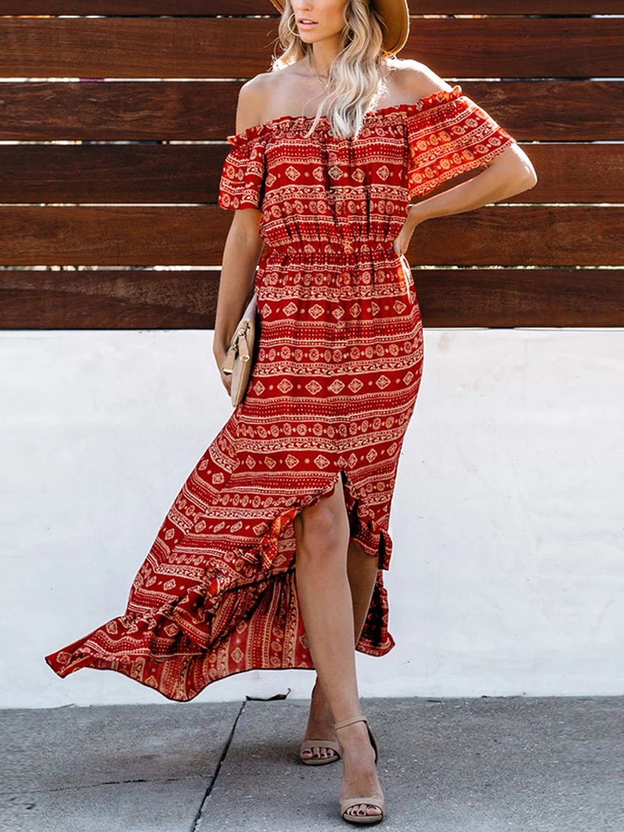 Shoulder Printed Slit Ruffle Maxi Dress