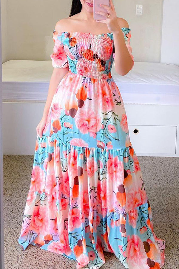 One-shoulder Floral Off-the-shoulder Long Printed Skirt