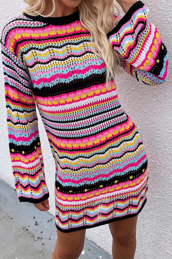 Rainbow Striped Pullover Mid-length Sweater