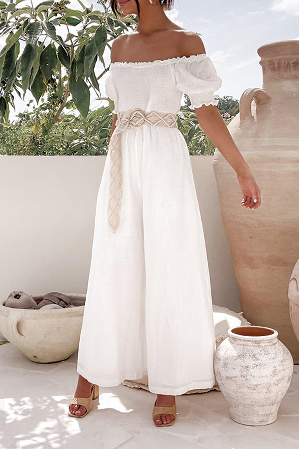 White One-piece with A One-line Collar and Bubble Sleeves