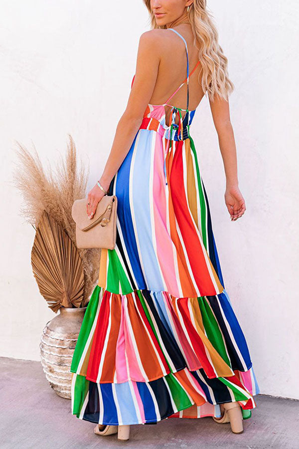 Rainbow Stripe Print Lace Stitching Deep V Strap Long Dress