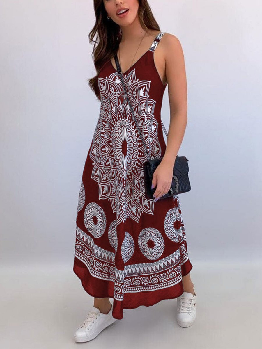 Boho Mandala Print Wide Strap Dress