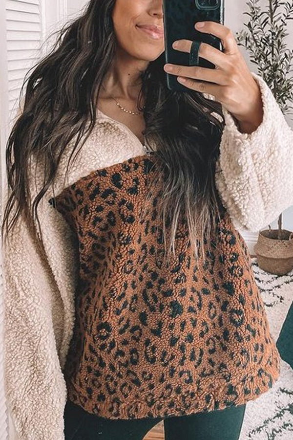 Zip Lapel Leopard Print Stitched Plush Jacket