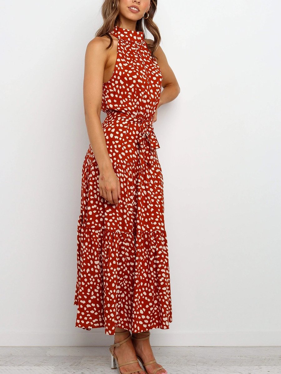 Temperament-half - collared sleeveless tank top with flapped floral print maxi dress