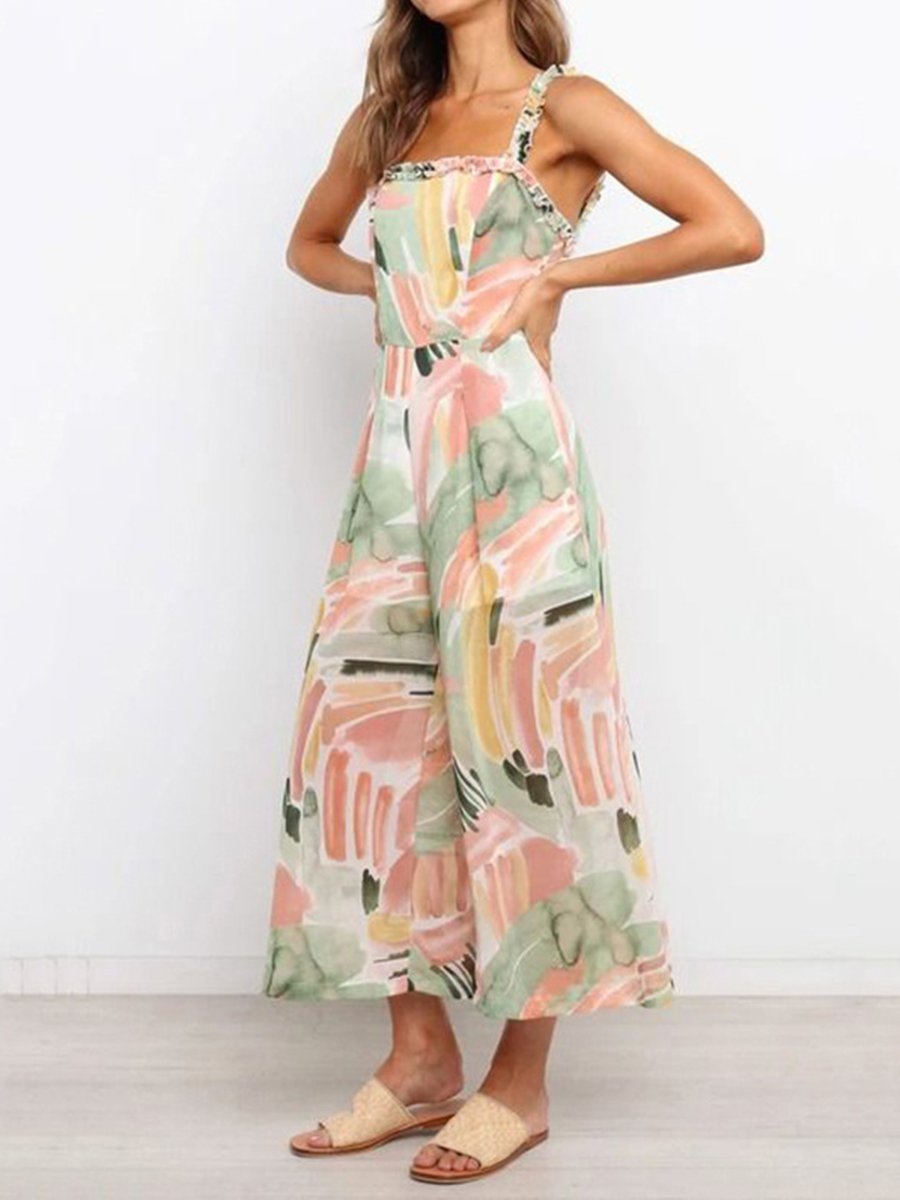 Suspender Jumpsuit Printed Wide Leg Pants