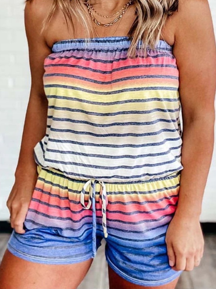 Striped Colorblock Strapless Loose Romper