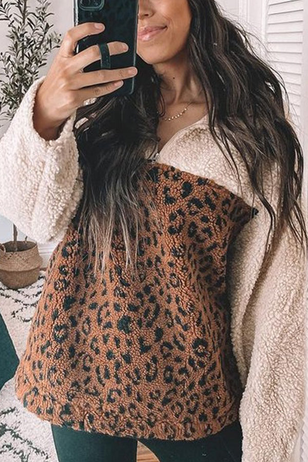 Zip Lapel Leopard Print Stitched Plush Jacket