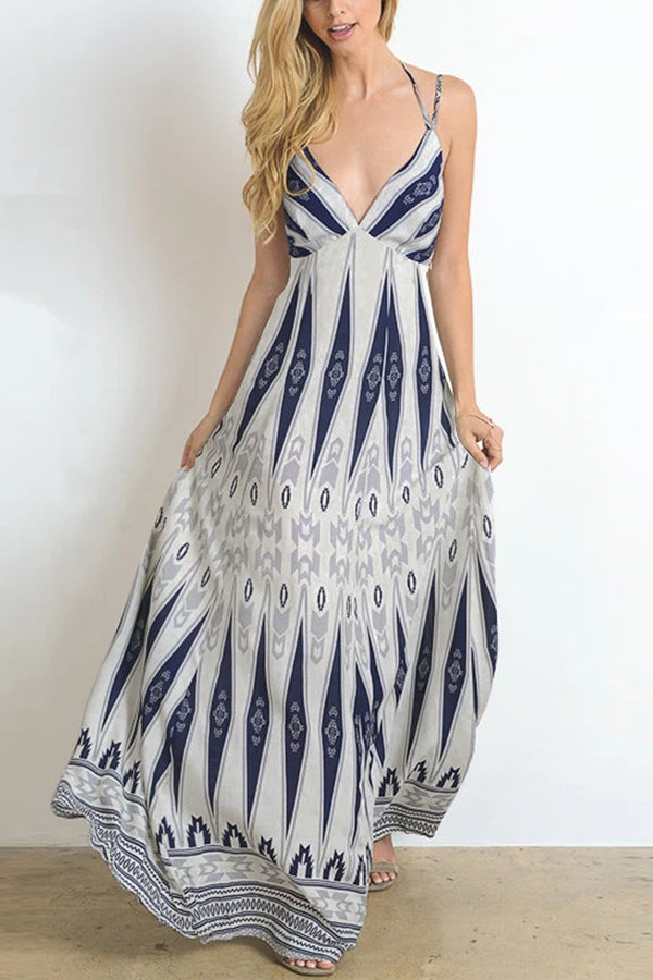 Vintage Print backless long dress