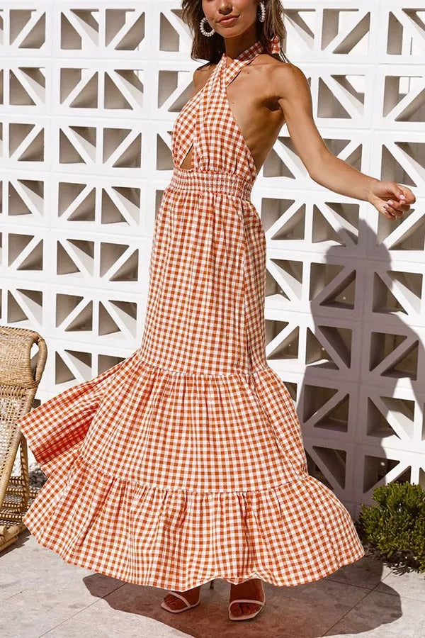 Lovely Dear Cross Halter Neck Plaid Maxi Dress
