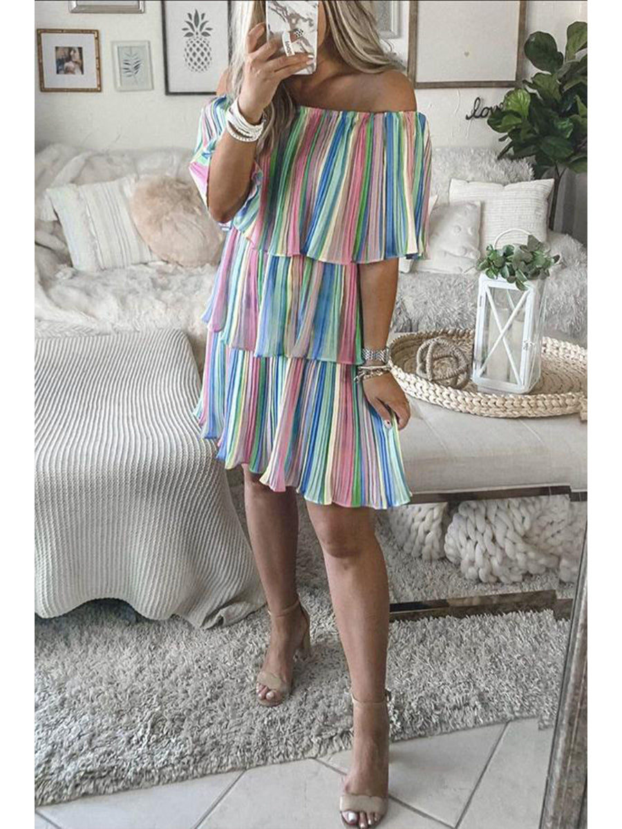 Rainbow Off-shoulder Pleated Dress