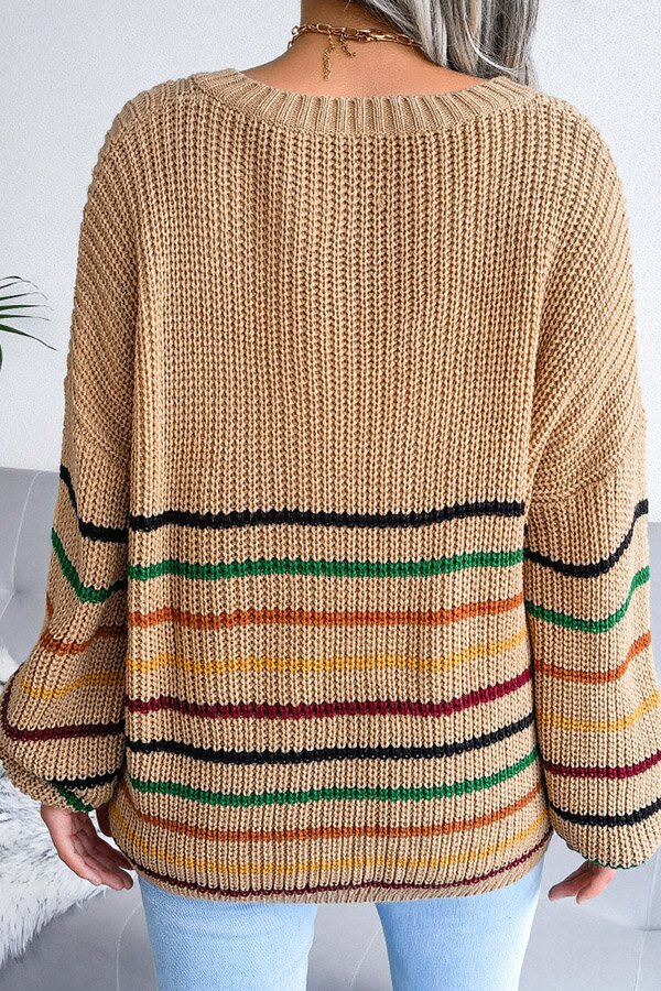 Rainbow Stripes Casual Loose V-neck Sweater